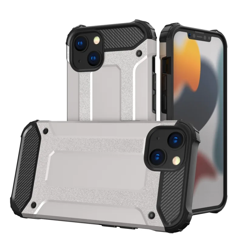 Hybrid Armor Case Tough Rugged Cover pre iPhone 13 strieborný