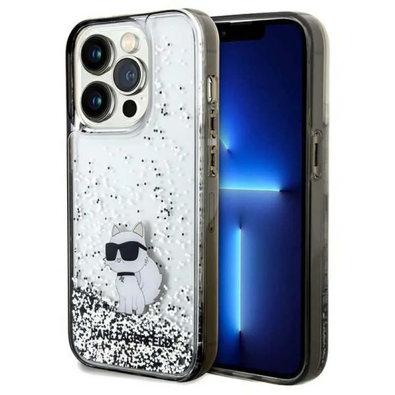 Puzdro Karl Lagerfeld Liquid Glitter Choupette pre iPhone 14 Pro Max - priehľadné