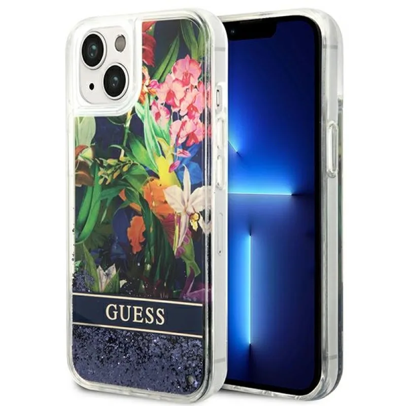 Guess GUHCP14SLFLSB iPhone 14 6,1 "modro/modré pevné puzdro Flower Liquid Glitter