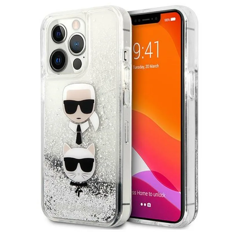 Karl Lagerfeld Liquid Glitter Kryt na hlavu Karl&Choupette Head pre iPhone 13 Pro / iPhone 13 - strieborný