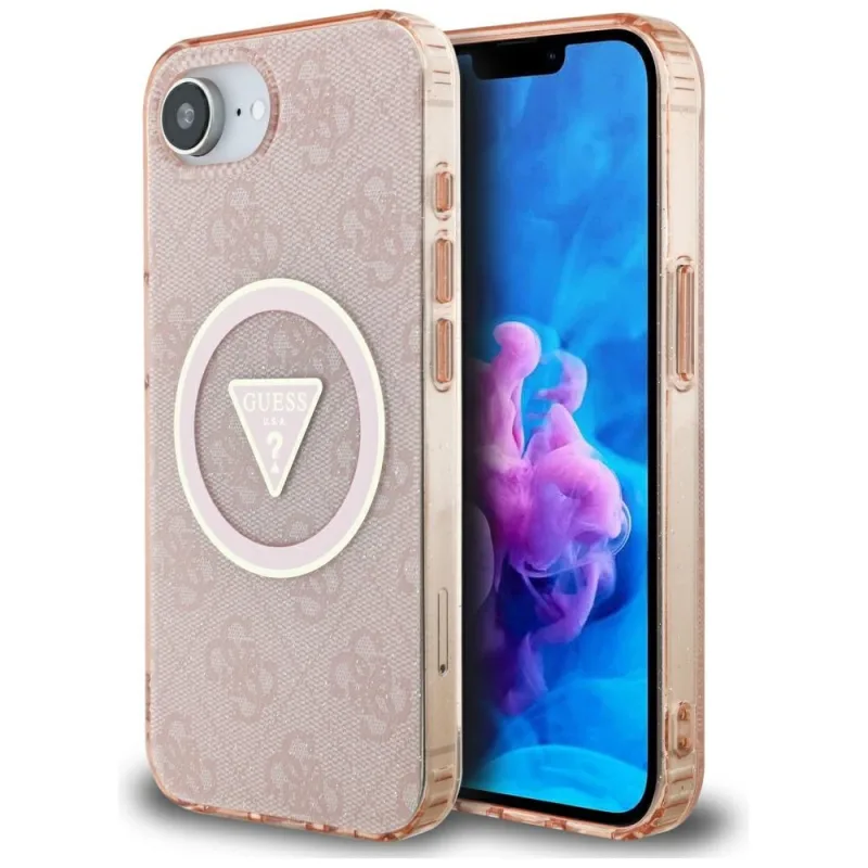Puzdro Guess IML Metal Glitter 4G Circle Triangle MagSafe pre iPhone 16e - ružové
