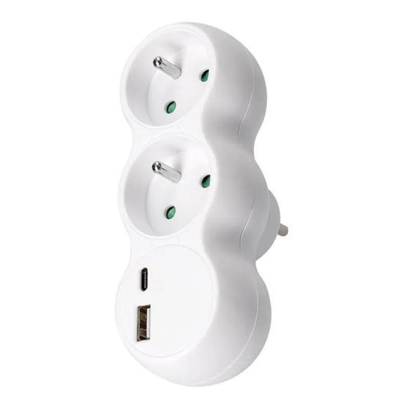 Solight rozbočka s USB A+C nabíječkou, 2 x 10A, bílá P100USBC