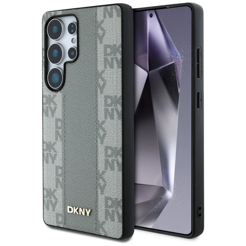DKNY kožené púzdro MagSafe s kockovaným vzorom pre Samsung Galaxy S25 Ultra – šedé