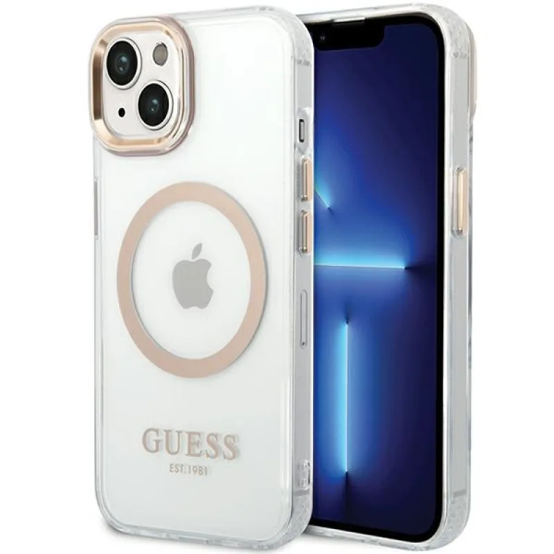 Guess Metal Outline MagSafe Case pre iPhone 15 Plus / 14 Plus – zlatý