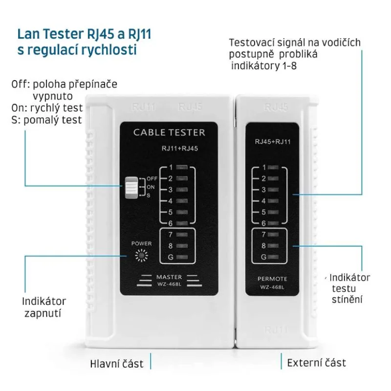 W-Star Tester káblov UTP WS468WH RJ45 RJ11 STP Cat5e Cat7 biela WS468WH