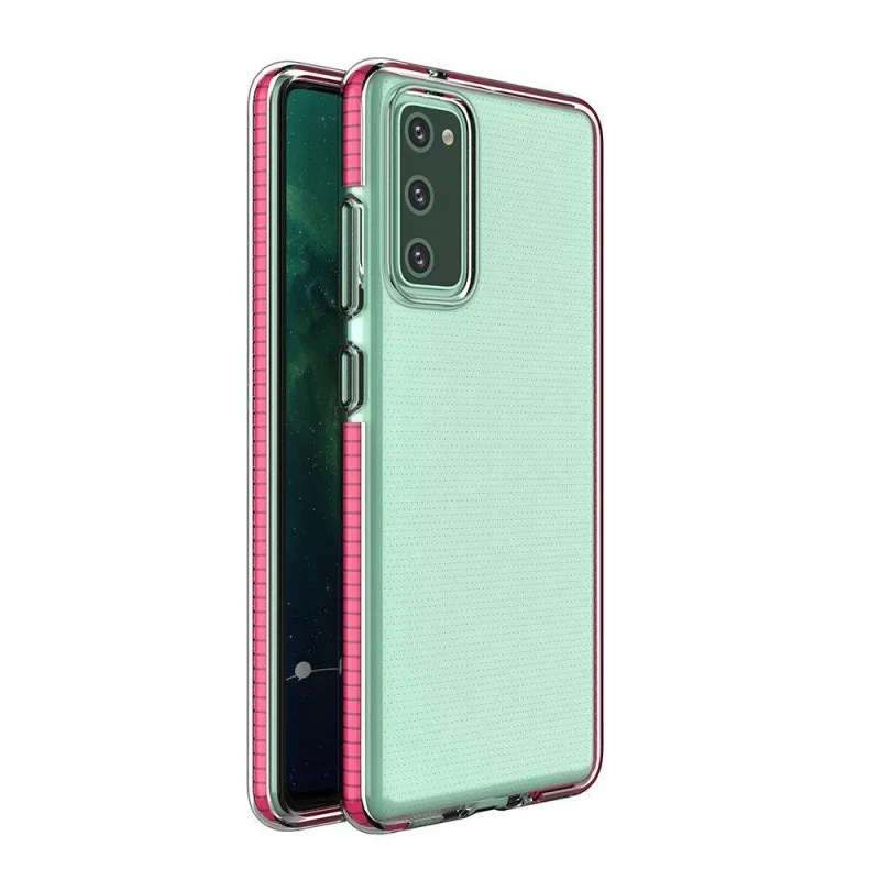 Spring Case číry TPU gélový ochranný kryt s farebným rámom pre Samsung Galaxy A02s EU tmavo ružový