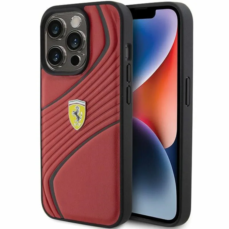 Kryt Ferrari Twist Metal Logo pre iPhone 15 Pro - červený