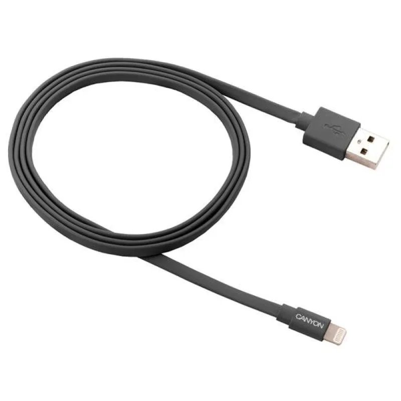 Canyon MFI-2, 1m plochý kábel Lightning/USB, MFI schválený Apple, tmavo…