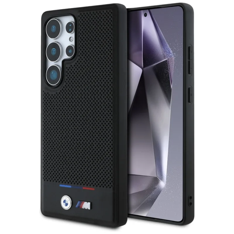 Kožené puzdro BMW Tricolor Stripe MagSafena na Samsung Galaxy S25 Ultra – čierne