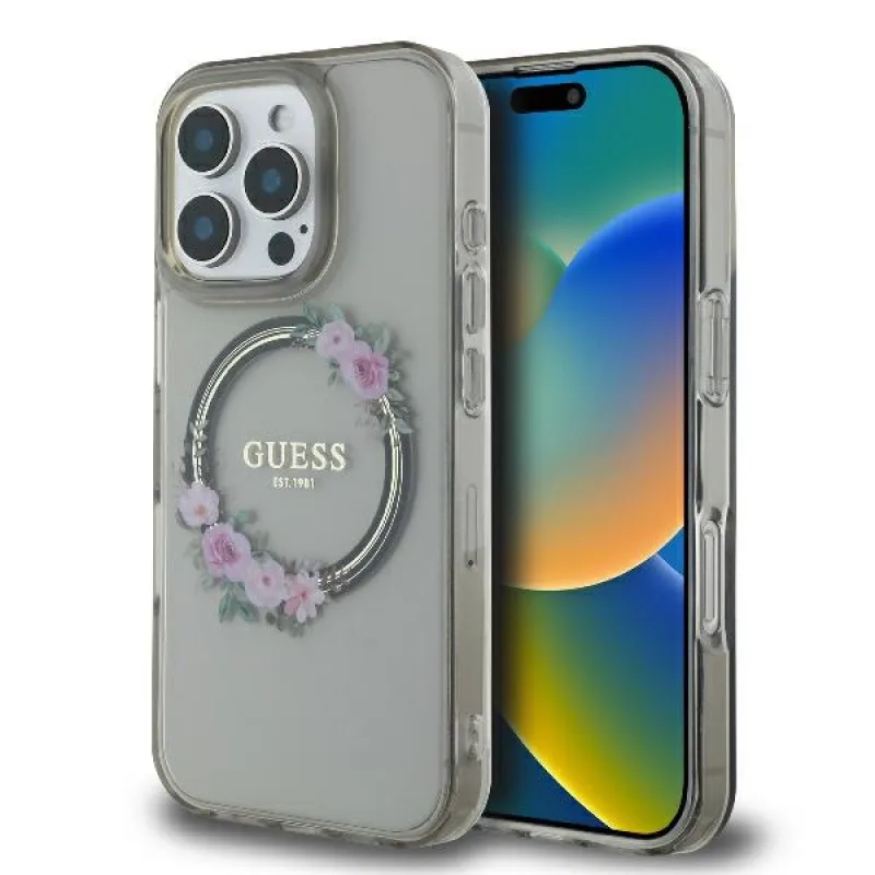 Puzdro Guess IML Flowers Wreath MagSafe pre iPhone 16 Pro – čierne