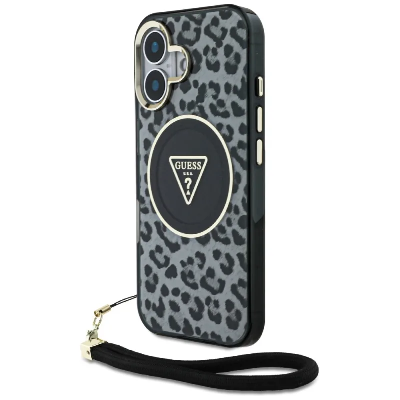 Guess HC IML Leopard Triangle Cord Strap MagSafe puzdro pre iPhone 16 - čierne