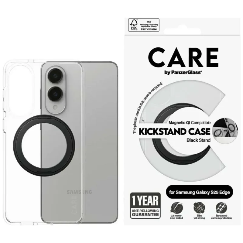 CARE by PanzerGlass Feature Black Kickstand & QI Case pre Samsung Galaxy S25 Edge – priehľadné