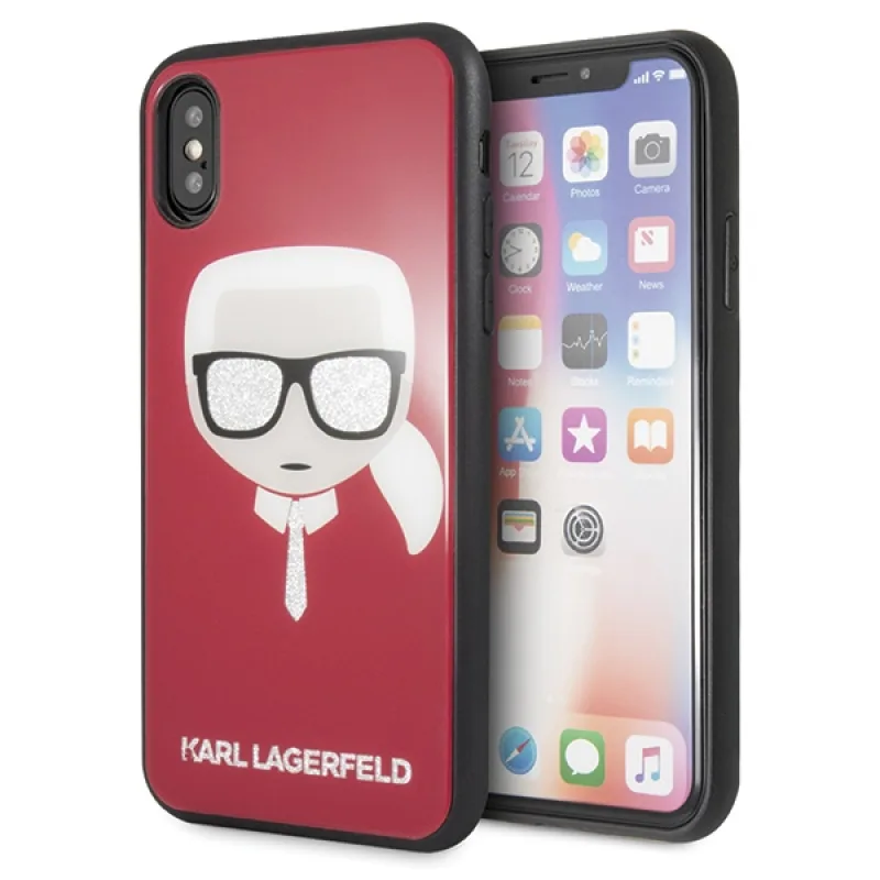 Ikonické trblietky Karl Lagerfeld Karl`s Head iPhone X / Xs - červené