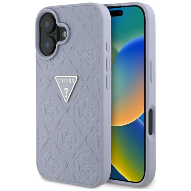 Guess Hot Stamp 4G Pattern Triangle Metal Logo Puzdro na iPhone 16 – fialové