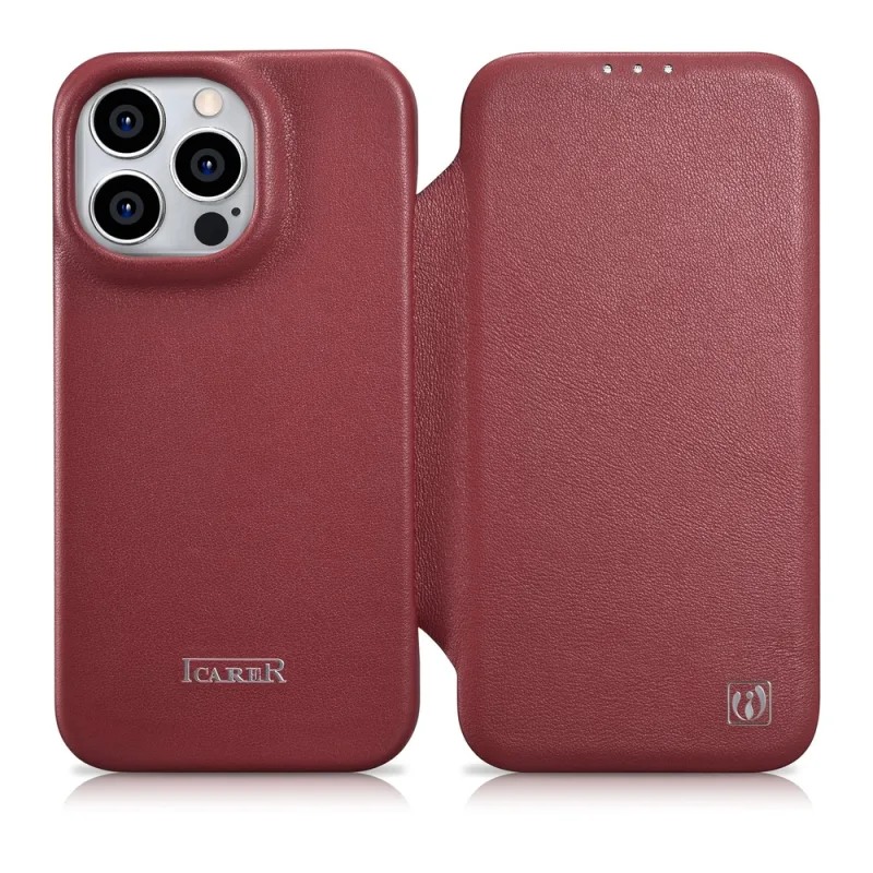Prémiové kožené puzdro Folio na iCarer CE iPhone 14 Pro Max Magnetic Flip Cover MagSafe Red (WMI14220716-RD)