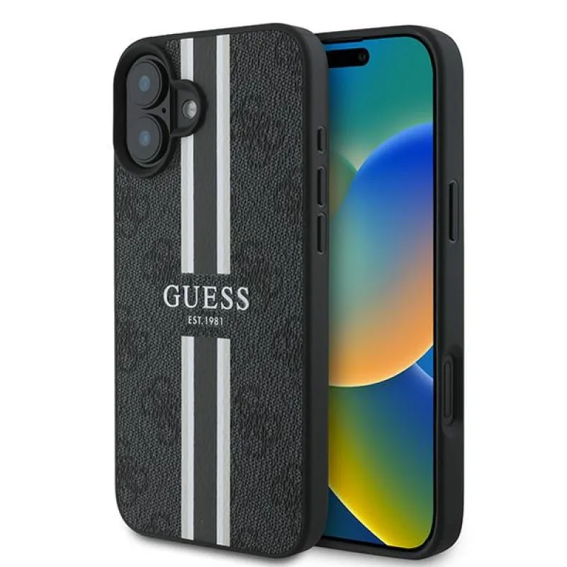 Guess 4G Printed Stripes MagSafe puzdro pre iPhone 16 Plus - čierne