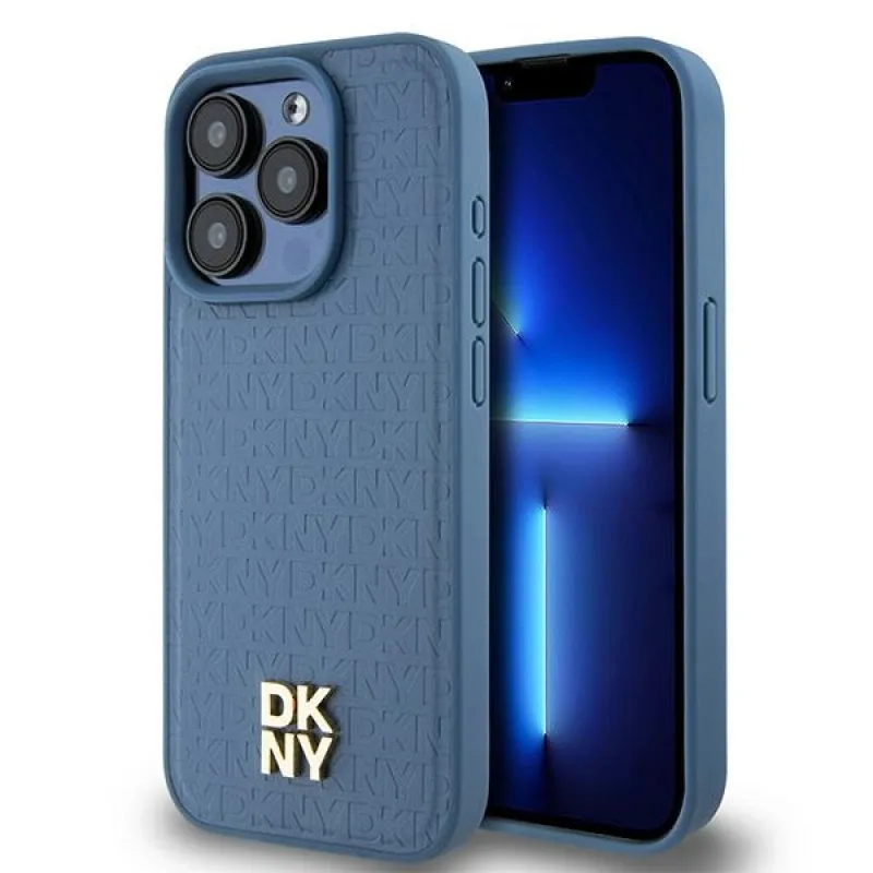 Kožený vzor DKNY s monogramom Kovové logo MagSafe Case pre iPhone 15 Pro – modrý