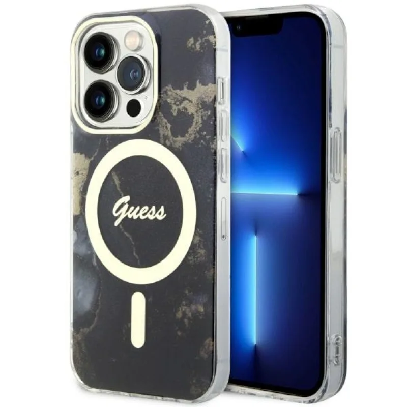 Guess GUHMP14LHTMRSK iPhone 14 Pro 6,1" čierno-čierne pevné puzdro Golden Marble MagSafe