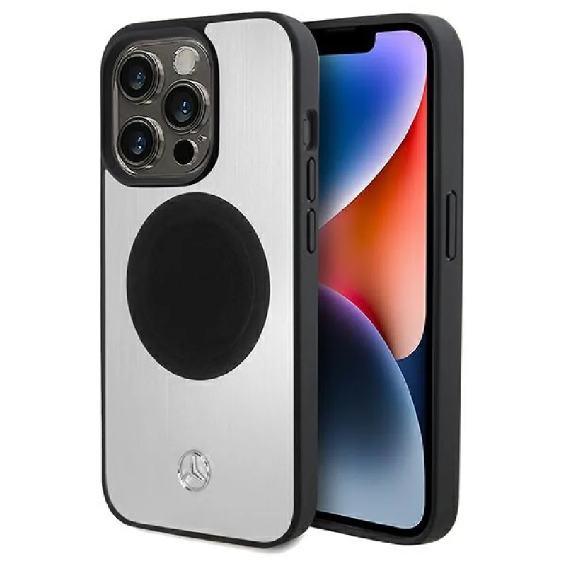 Puzdro Mercedes Leather&Alu MagSafe pre iPhone 15 Pro - strieborné