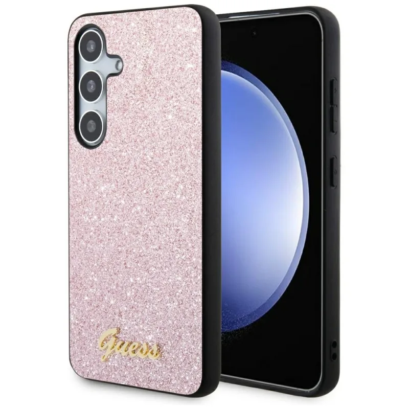 Puzdro Guess Glitter Script pre Samsung Galaxy S24 – ružové