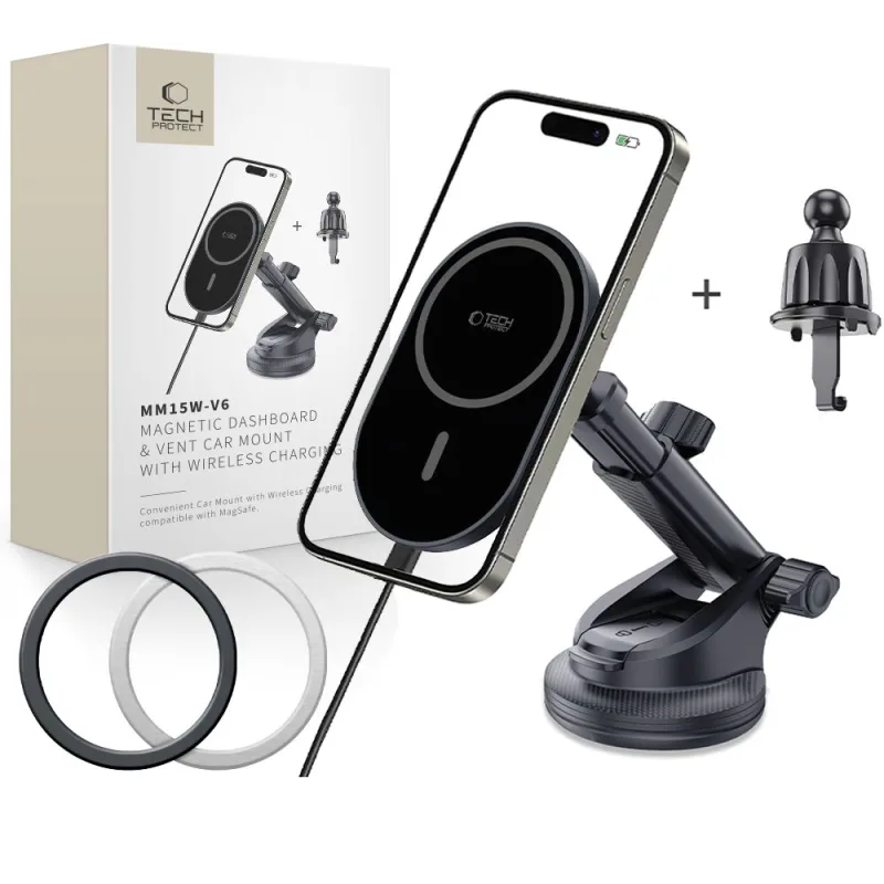 Magnetický držiak do auta MagSafe Tech-Protect mm15W-V6 pre kokpit/predné sklo/vzduchový otvor – čierny