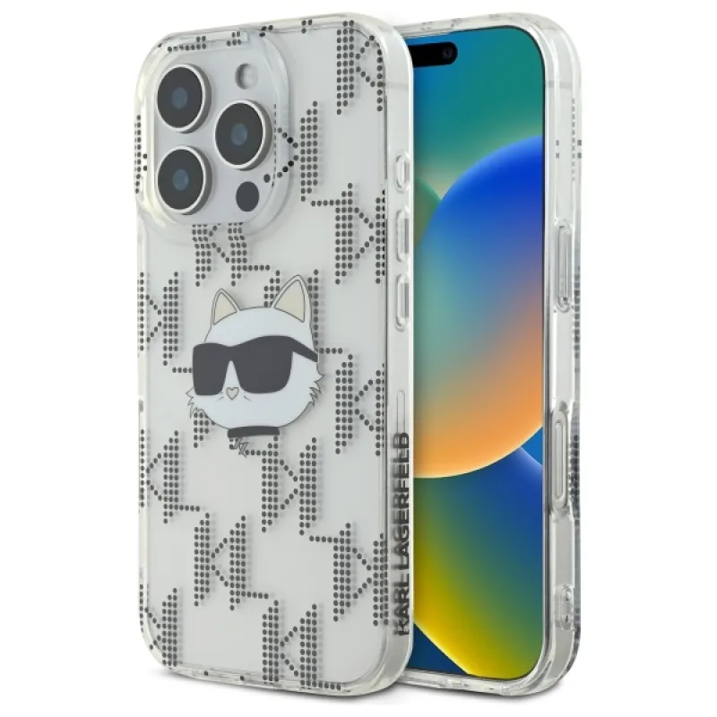 Karl Lagerfeld IML Choupette Head Galvanicky pokovované puzdro iPhone 16 Pro Max – priehľadné