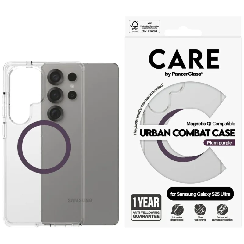 CARE by PanzerGlass Flagship Urban Combat Purple QI Case pre Samsung Galaxy S25 Ultra – priehľadné