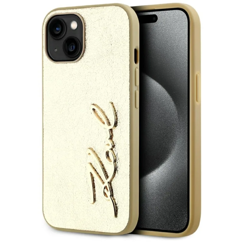 Karl Lagerfeld zvrásnené kovové puzdro na iPhone 15 Signature – zlaté