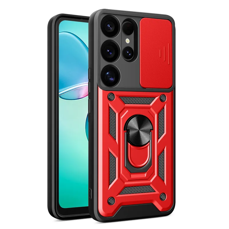 Hybridný Armor Camshield s krytom fotoaparátu a kovovým krúžkom pre Samsung Galaxy S25 Ultra – červený