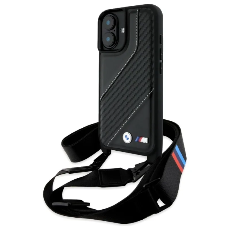 BMW M Edition Carbon Stripe & Strap Puzdro na iPhone 16 – čierne