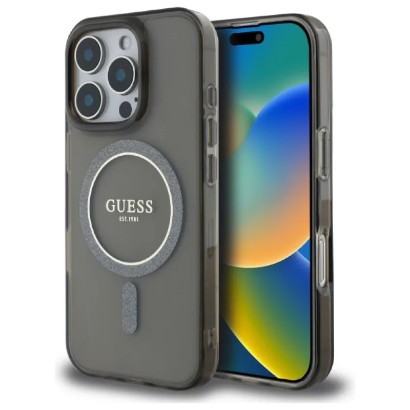 Puzdro Guess IML Glitter Circle MagSafe pre iPhone 16 Pro Max - čierne