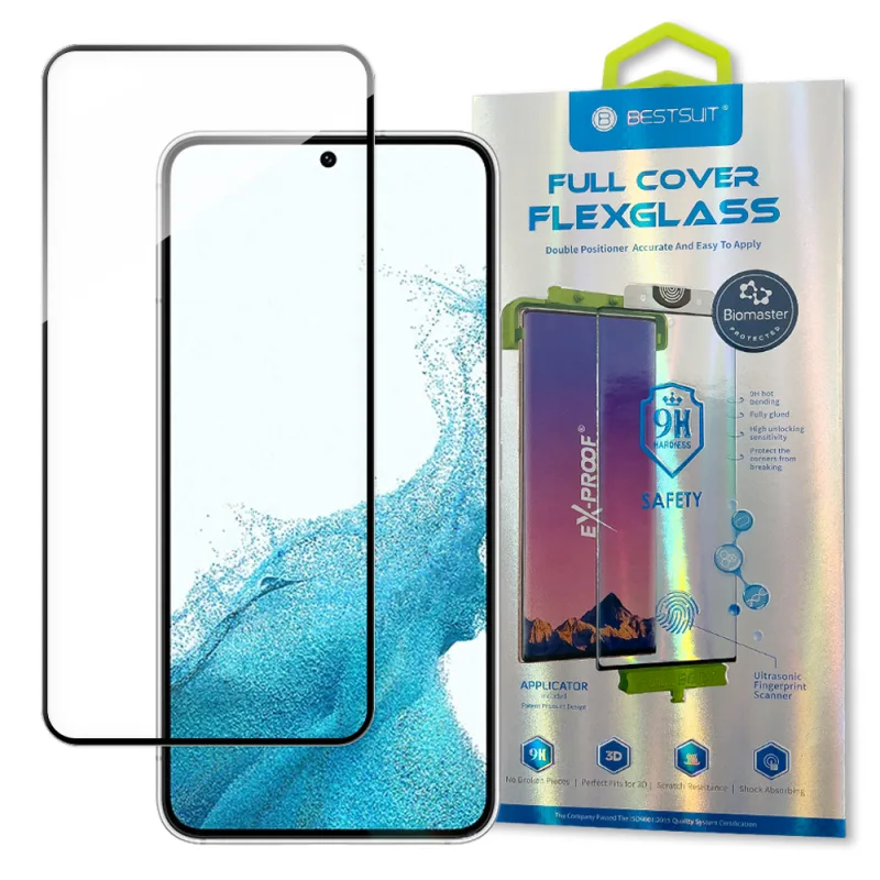 Najlepšie 3D Edge Nano Flexi Glass Glass Film Celoobrazovkové tvrdené sklo s rámom pre Samsung Galaxy S22 Transparent