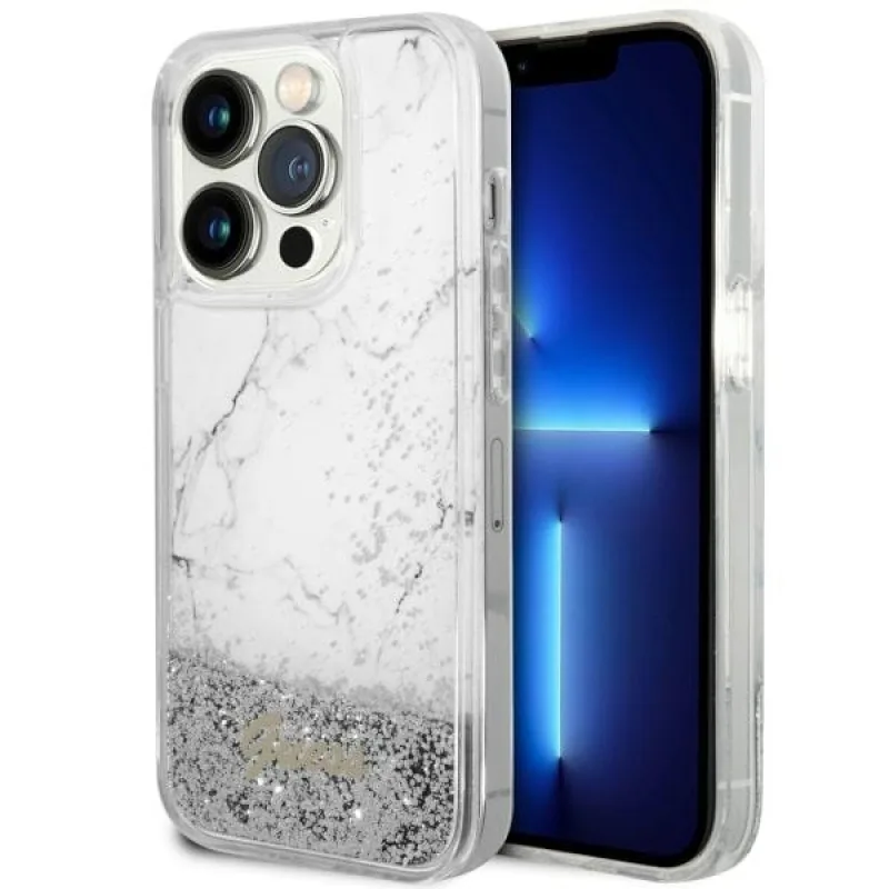 Guess GUHCP14LLCSGSGH iPhone 14 Pro 6,1" bielo/biele pevné puzdro Liquid Glitter Marble