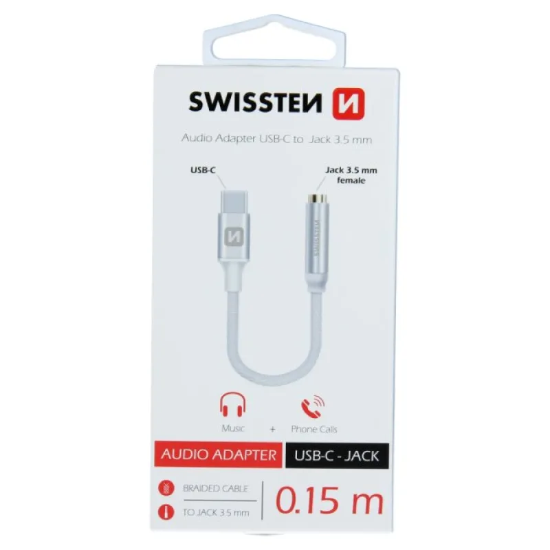 Swissten Audio Adapter Textile USB-C/Jack 0,15m, silver
