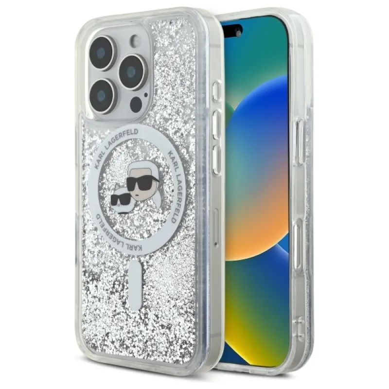 Karl Lagerfeld Liquid Glitter Karl & Choupette Head Magsafe Case pre iPhone 16 Pro Max – číry
