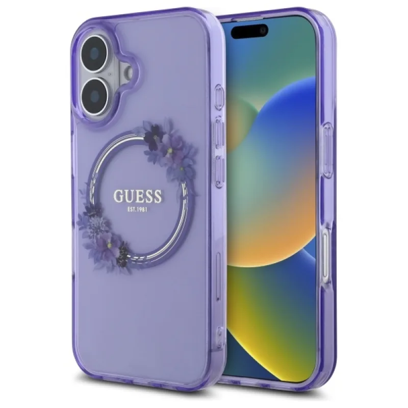 Puzdro Guess IML Flowers Wreath MagSafe na iPhone 16 – fialové