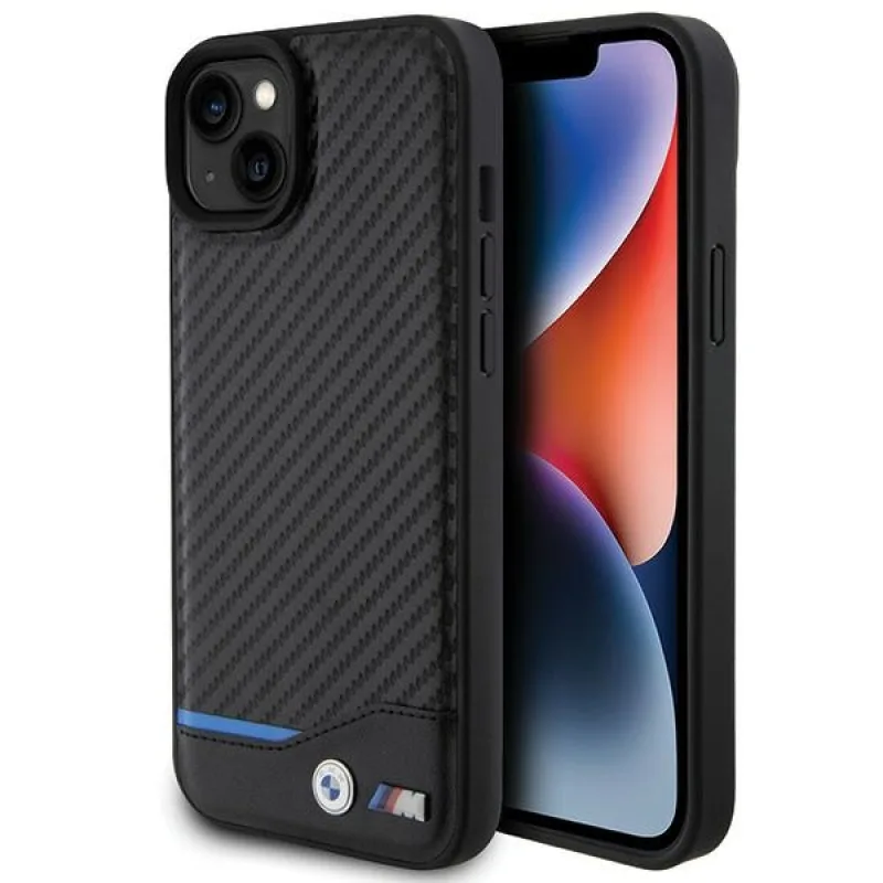 Kožené puzdro BMW Carbon pre iPhone 15 Plus - čierne