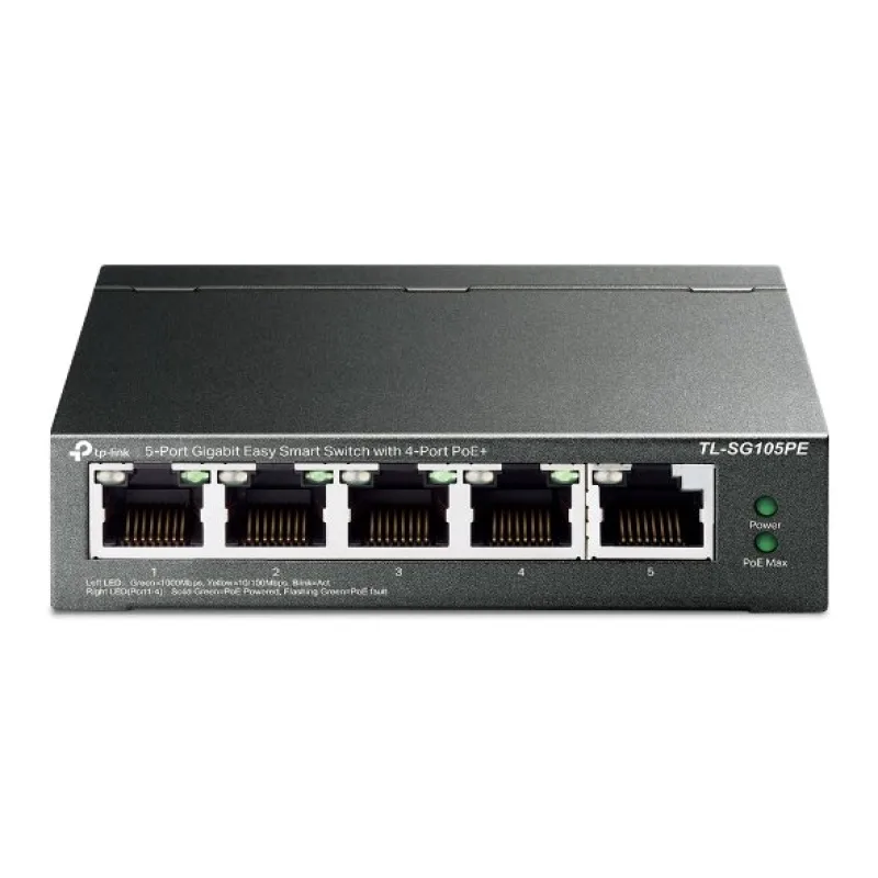 tp-link TL-SG105PE, 5-Port Gigabit Easy Smart Switch with 4-Port PoE+, 4× Gigabit PoE+ Ports, 1× Gigabit Non-PoE Ports