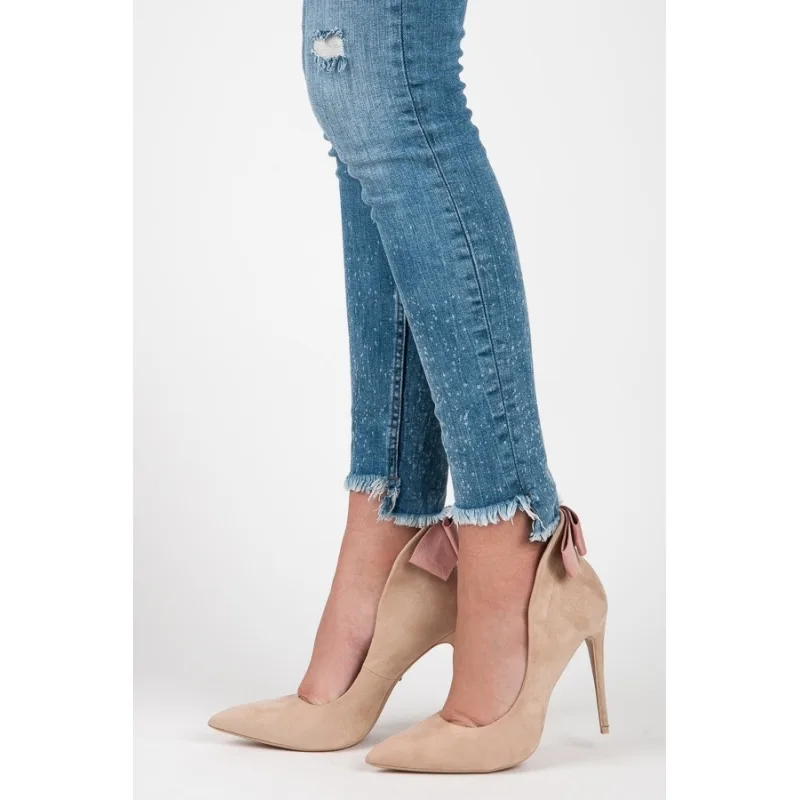 Béžové semišové lodičky s ružovou mašľou - 5042-14BE 36