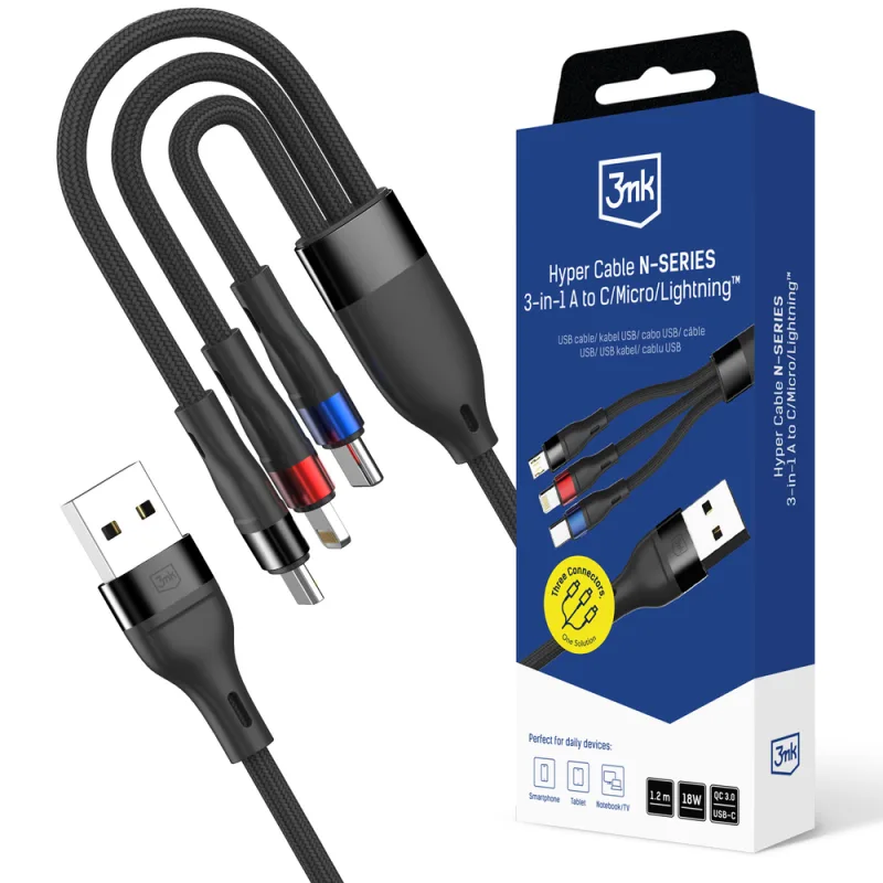 3mk Hyper kábel N-SERIES 3 v 1 USB-A / Lightning / Micro 1,2 m 9V/2A 18W - čierny