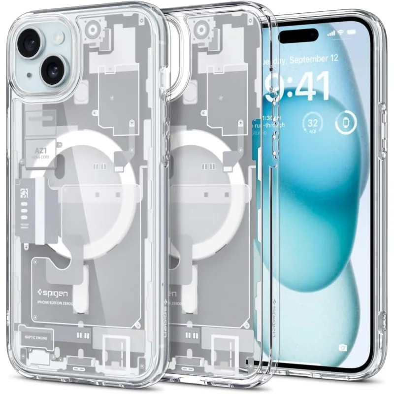 Puzdro Spigen Ultra Hybrid Mag Case s MagSafe pre iPhone 15 Plus – biele (Zero One Pattern)