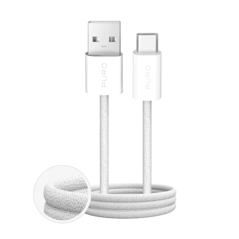 Pletený kábel Puro Fabrik 2.0 10 W USB-A – USB-C 1,5 m – biely
