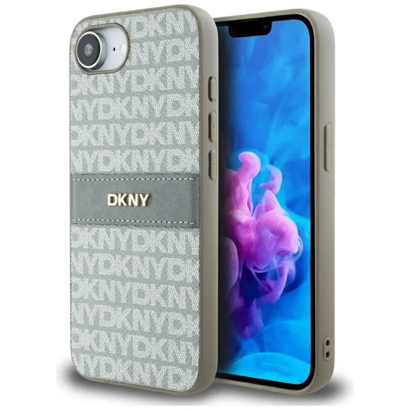 Vzor opakujúcej sa textúry DKNY s puzdrom iPhone 16e s tónovými pruhmi – béžový