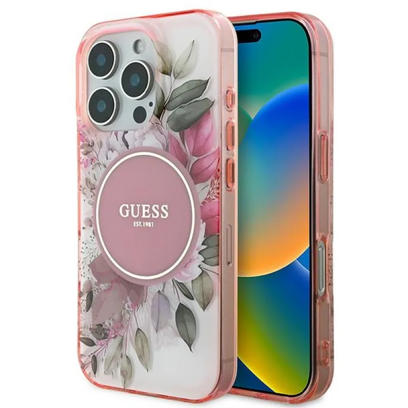 Puzdro Guess IML Flower & Tonal Circle MagSafe iPhone 16 Pro Max – ružové