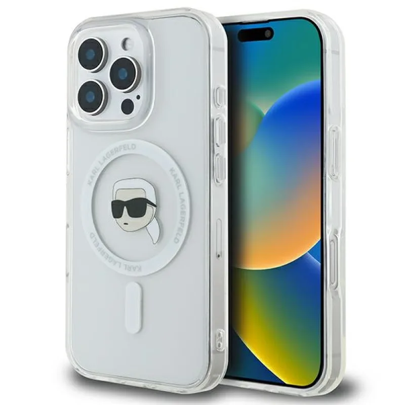 Karl Lagerfeld IML kovové puzdro Karl Head MagSafe pre iPhone 16 Pro – biele