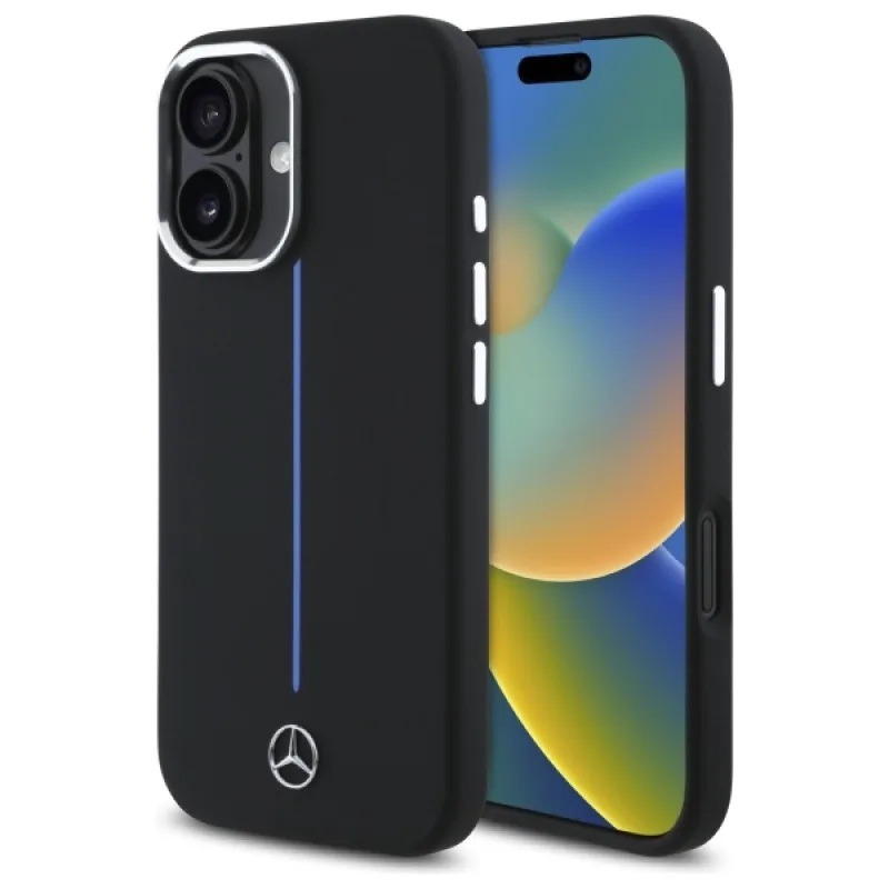 Mercedes Silicone Blue Stripe MagSafe puzdro na iPhone 16 – čierne