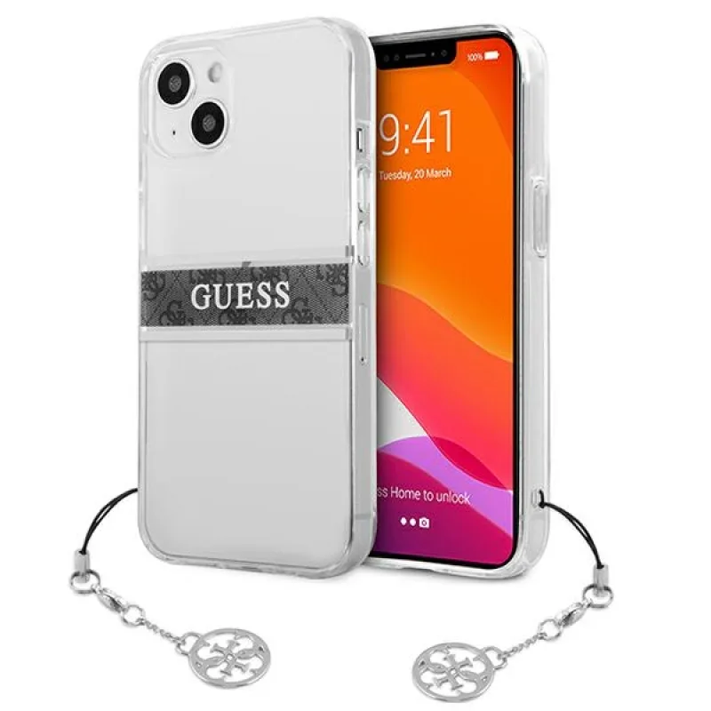 Guess GUHCP13SKB4GGR iPhone 13 mini 5,4" Transparentné pevné puzdro 4G Grey Strap Charm