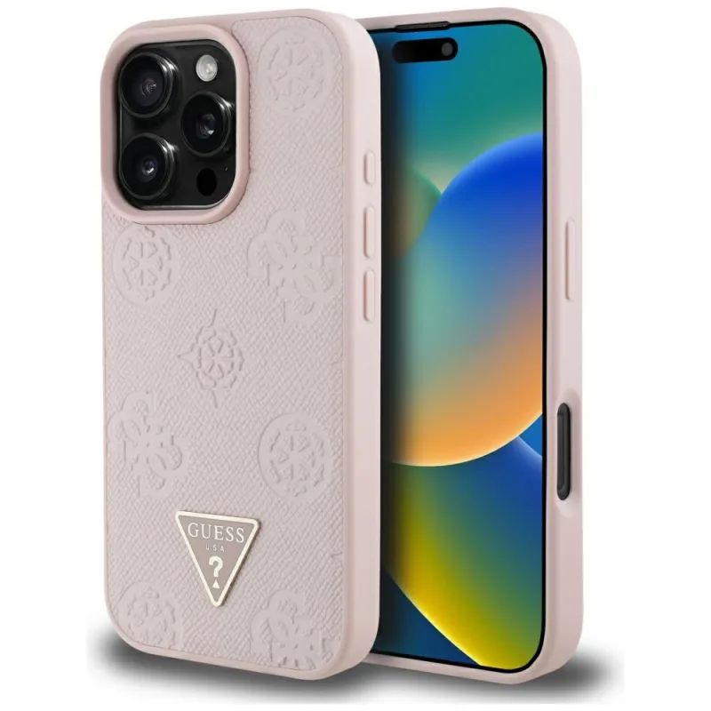 Guess Grained Hot Stamp Pivoňka s logom trojuholníka Puzdro MagSafe iPhone 16 Pro Max – ružové