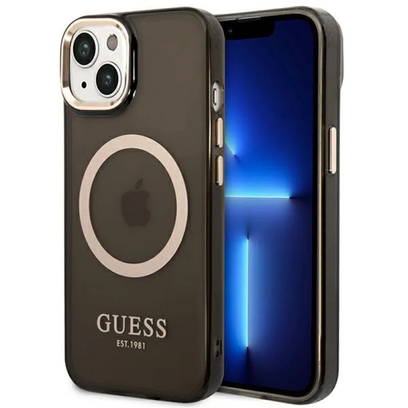 Guess GUHMP14SHTCMK iPhone 14 6,1" čierne/čierne pevné puzdro Gold Outline Translucent MagSafe