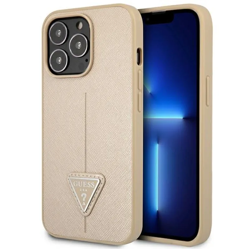Pevné puzdro Guess GUHCP14LPSATLE iPhone 14 Pro 6,1" béžové/béžové SaffianoTriangle Logo